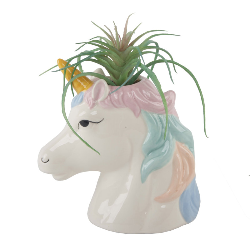 Wrought Studio Ceramic Unicorn Evergreen Succulent in Decorative Vase